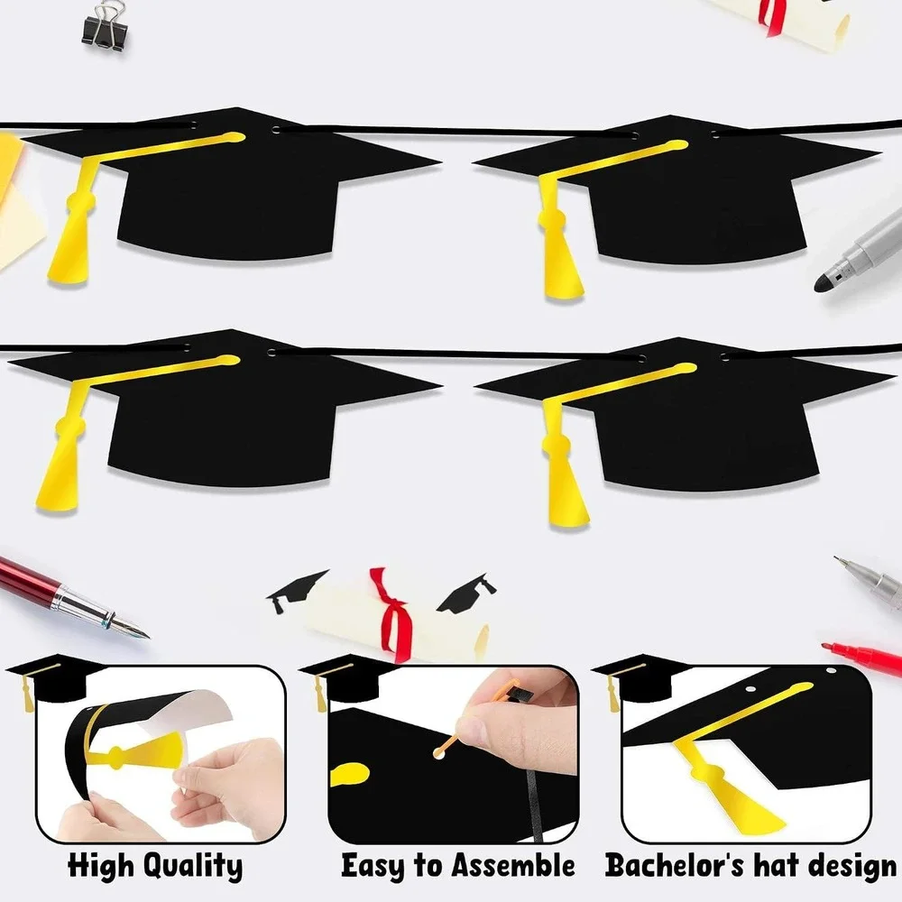 Graduation Cap Banner 2 Pack Black Yellow Tassel Mortarboard Garland 9.8ft Decor